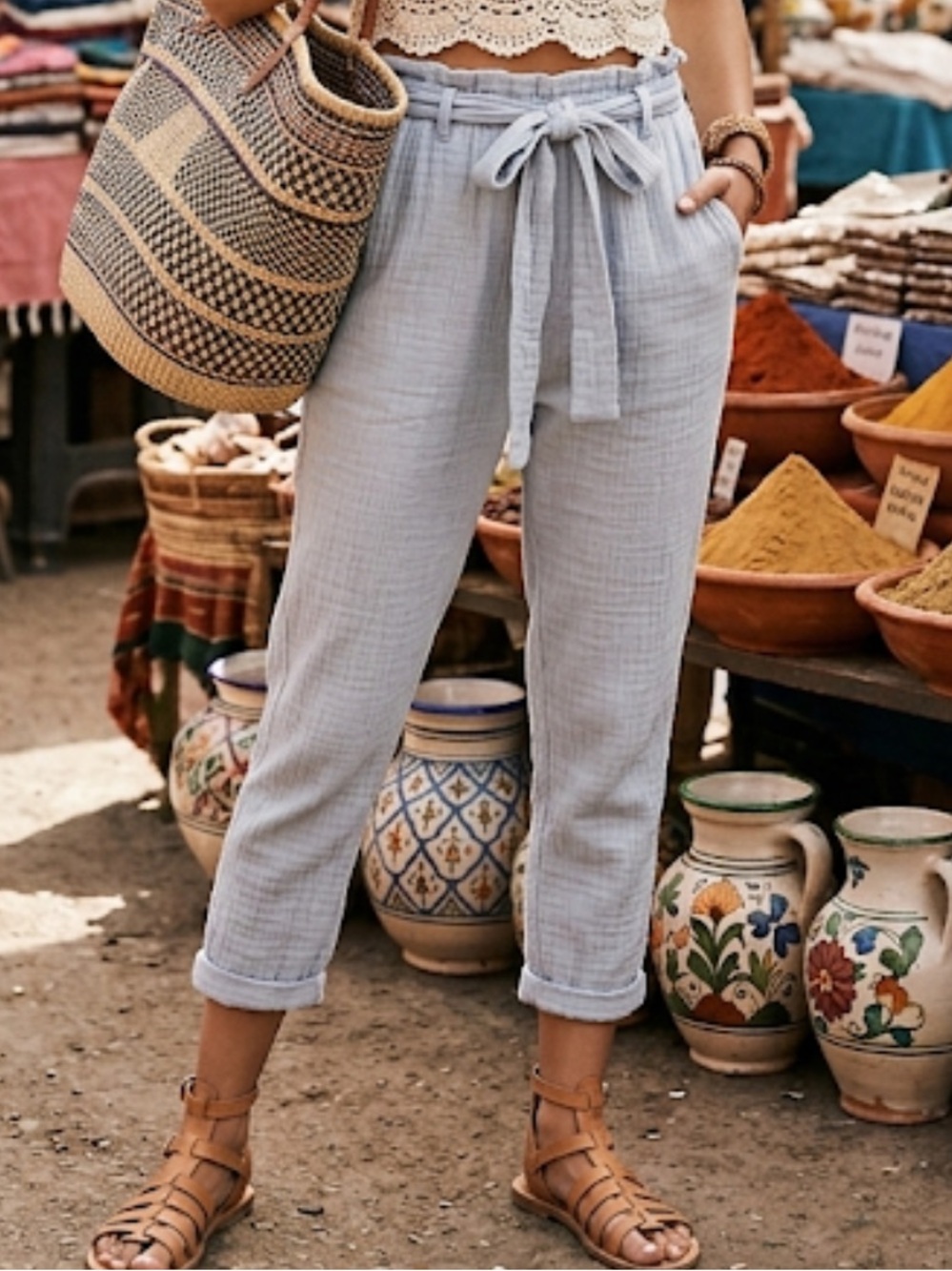 Free People woven cotton paper bag belted elastic waist Cropped capri Pants 2